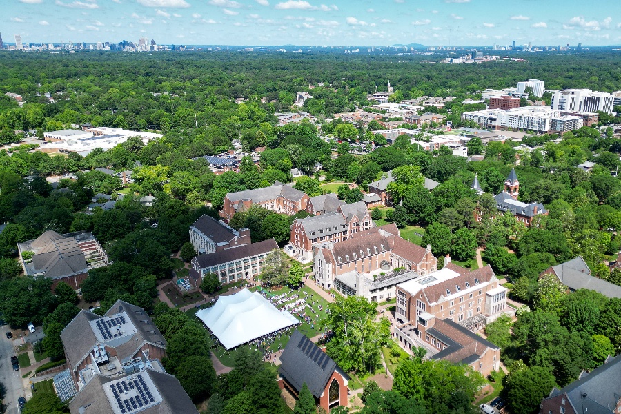 a drone view of Agnes Scott College, Atlanta and the tree canopy